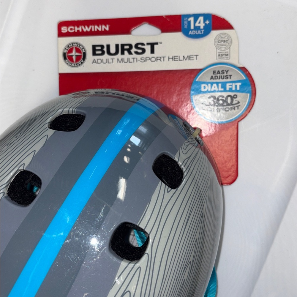 NEW Schwinn Burst Helmet - Gray Shell with Bright Blue Stripe EASY ADJUST - Picture 2 of 6